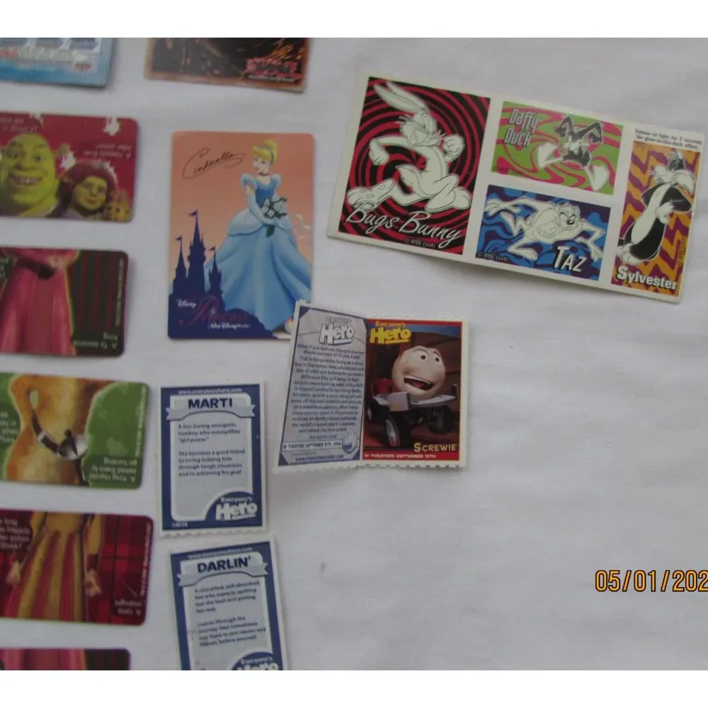 Vintage Yu-Gi-Oh cards, Shrek cards, Crackerjack cards, Bugs Bunny, Taz stickers